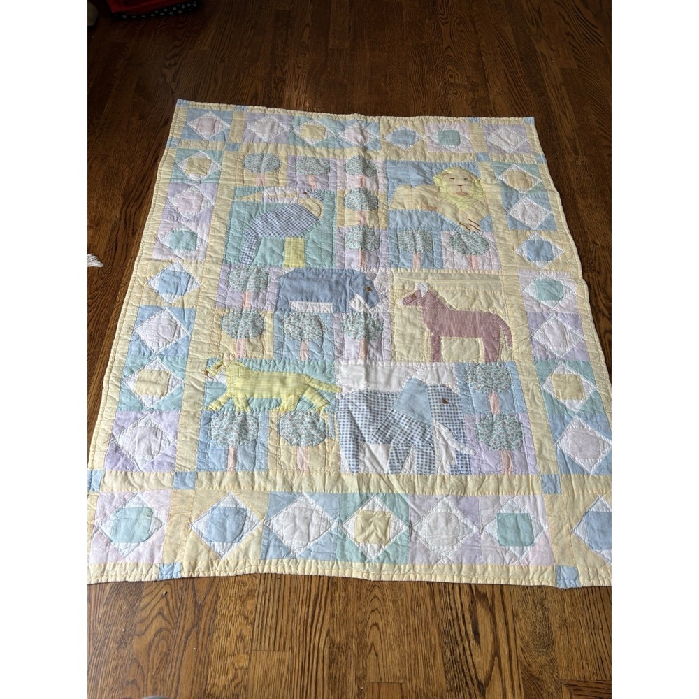 Vintage Handmade Kids Jungle Safari Animal Kids Patchwork Quilt Blanket 45" X 38